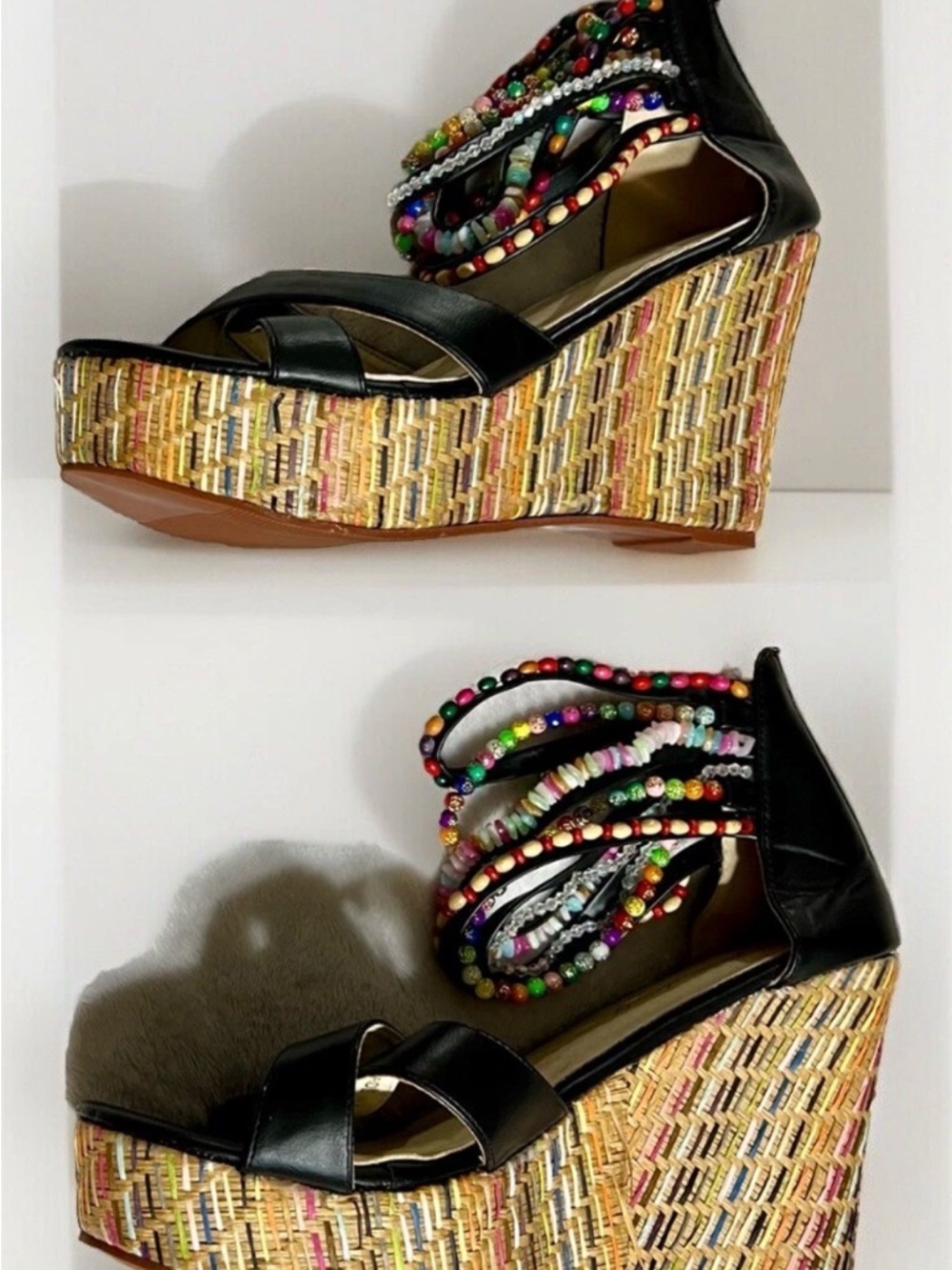 Getmorebeauty Women’s Black Beaded Ankle-Wrap platform multicolor wedge Sandals